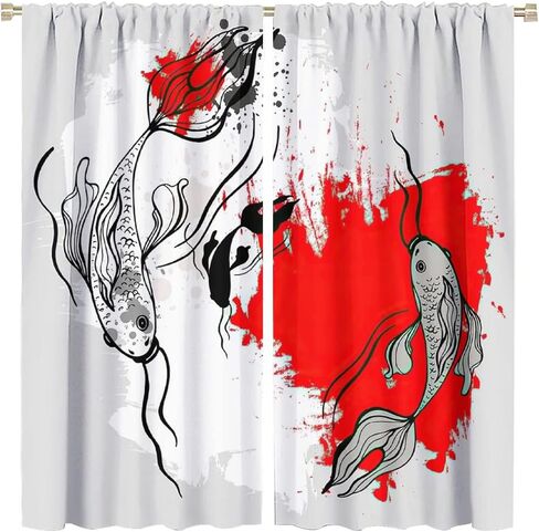 Japanese Koi Fish Curtain, Bamboos Lotus Koi Fish Japanese Traditional Style Room Darkening Door Window Rod Pocket Curtain for Bedroom Kitchen Living Room 42x45in in Saudi Arabia