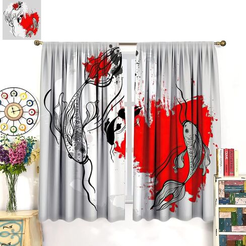 Japanese Koi Fish Curtain, Bamboos Lotus Koi Fish Japanese Traditional Style Room Darkening Door Window Rod Pocket Curtain for Bedroom Kitchen Living Room 42x45in in Saudi Arabia