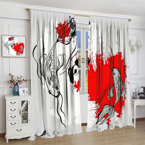 Japanese Koi Fish Curtain, Bamboos Lotus Koi Fish Japanese Traditional Style Room Darkening Door Window Rod Pocket Curtain for Bedroom Kitchen Living Room 42x45in in Saudi Arabia