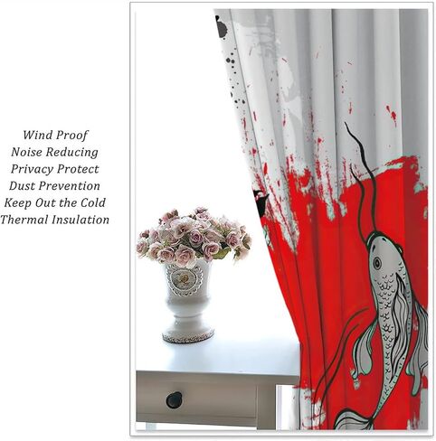 Japanese Koi Fish Curtain, Bamboos Lotus Koi Fish Japanese Traditional Style Room Darkening Door Window Rod Pocket Curtain for Bedroom Kitchen Living Room 42x45in in Saudi Arabia