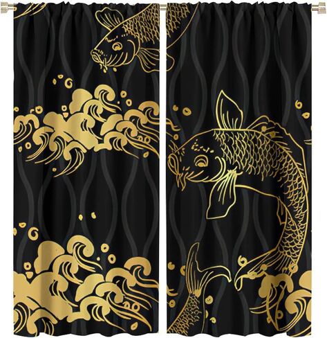 Japanese Koi Fish Curtain, Bamboos Lotus Koi Fish Japanese Traditional Style Room Darkening Door Window Rod Pocket Curtain for Bedroom Kitchen Living Room 42x45in in Saudi Arabia