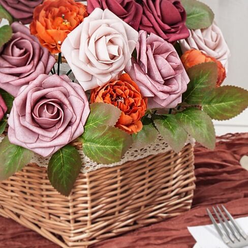 Roses Artificial Flowers 25pcs, Dusty Terracotta Flowers Fake Roses Gradient Color Flower for DIY Wedding Decorations - Realistic Foam Flowers to Create Your Own Unique Gifts in Saudi Arabia