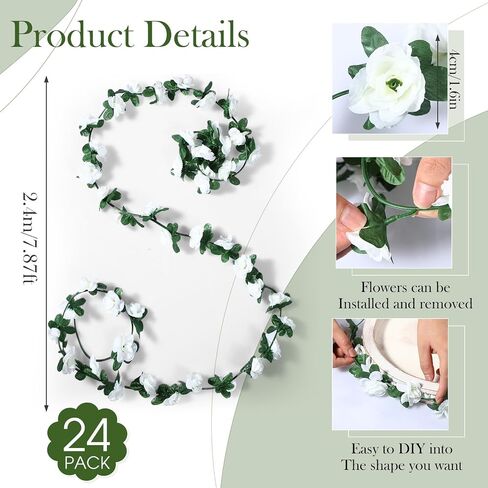 XunYee 24 Pcs 189Ft Flower Garland Artificial Rose Vines Hanging Rose Ivy Hanging Fake Rose Vines Garland Decorations for Room Wedding Birthday Christmas Wall Arch Garden Background Decor (White) in Saudi Arabia