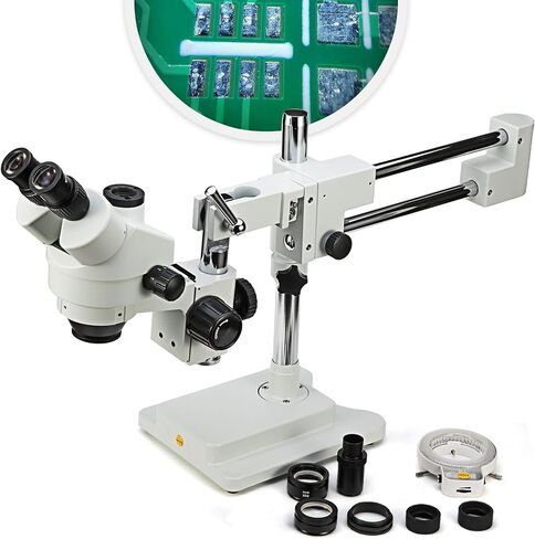 Swift S7 3.5X-90X Professional Simul-Focal Trinocular Stereo Zoom Microscope with WH10x Eyepieces, 0.7X-4.5X Objective,144 LED Ring Light, Double Arm Boom Stand, Includes 0.5X and 2.0X Barlow Lens in Saudi Arabia