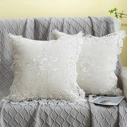 Embroidered Spring Floral Throw Pillow Covers Set of 2, 18x18 inches Farmhouse Cottage Garden Pillow Shams Linen Blended Decorative Cushion Cover Case (Linen Natural, Linen blended) in Saudi Arabia