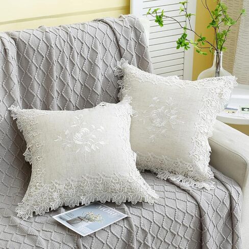 Embroidered Spring Floral Throw Pillow Covers Set of 2, 18x18 inches Farmhouse Cottage Garden Pillow Shams Linen Blended Decorative Cushion Cover Case (Linen Natural, Linen blended) in Saudi Arabia