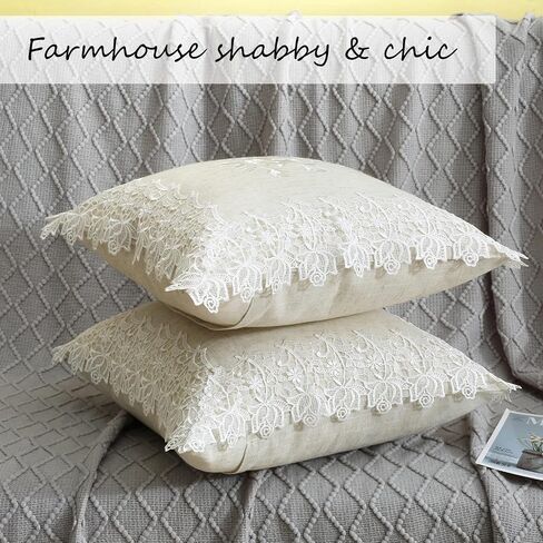 Embroidered Spring Floral Throw Pillow Covers Set of 2, 18x18 inches Farmhouse Cottage Garden Pillow Shams Linen Blended Decorative Cushion Cover Case (Linen Natural, Linen blended) in Saudi Arabia