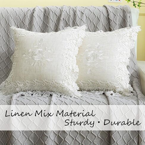 Embroidered Spring Floral Throw Pillow Covers Set of 2, 18x18 inches Farmhouse Cottage Garden Pillow Shams Linen Blended Decorative Cushion Cover Case (Linen Natural, Linen blended) in Saudi Arabia