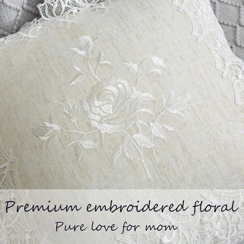 Embroidered Spring Floral Throw Pillow Covers Set of 2, 18x18 inches Farmhouse Cottage Garden Pillow Shams Linen Blended Decorative Cushion Cover Case (Linen Natural, Linen blended) in Saudi Arabia