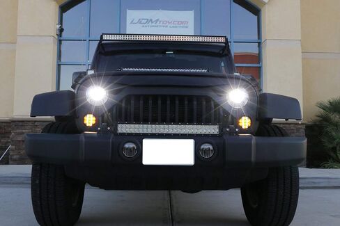 iJDMTOY عدسة مدخنة LED مجموعة مصابيح إشارة الانعطاف الأمامية متوافقة مع Jeep 2007-17 Wrangler (قضبان عمودية LED بيضاء للقيادة/DRL ونقاط LED كهرمانية لأضواء إشارة الانعطاف) in Kuwait