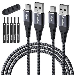 كابل USB C شحن سريع 3A بطول 2 قدم (2 حزمة) من A إلى النوع C سلك مجدول من النايلون لهاتف iPhone 15/15 Plus / 15 Pro Max، Galaxy S20 S10 S9 S8 Note 20 10، LG V30 V20 مع مشبك حامل كابل و5 كابلات روابط