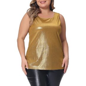 Agnes Orinda Plus Size Tops for Women Shiny Metallic Tank Top Shirt Round Neck Sleeveless Party Tee Blouse