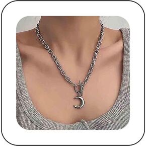 Boho Moon Circle Choker Necklace Vintage Silver Crescent Pendant Necklace Punk T Bar Toggle Necklace Personalized Cuban Choker Necklace Jewelry for Women