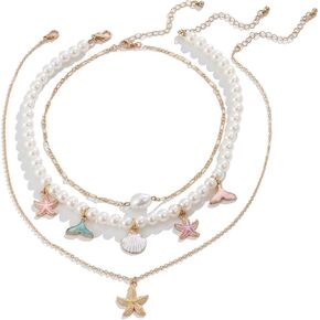 3Pcs Boho Seashell Starfish Pendant Necklace Imitation Pearl Layered Colorful Beaded Choker Necklace Ocean Summer Beach Fashion Jewelry Gift For Women Girls