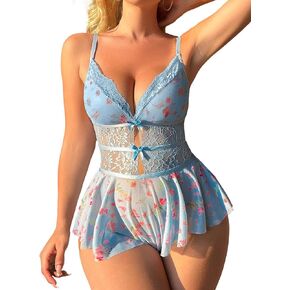 Lilosy Sexy Bows Floral Lace Mesh Babydoll Lingerie Sleepwear Romper
