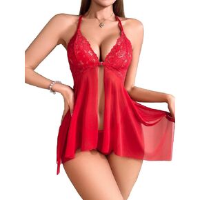 OYOANGLE Women's 2 Piece Lingerie Set Criss Cross Mesh Teddy Babydoll Contrast Lace Nightgown