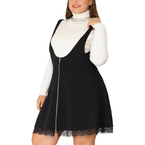 Agnes Orinda Plus Size Suspender Braces Casual Skirt Dress for Women Basic Zipper Front Lace Trim Skirt