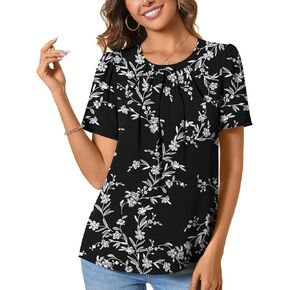 ALIGADUO Womens Summer Basic Pleated Keyhole Back Crewneck Casual Trendy Blouse Shirts Tops
