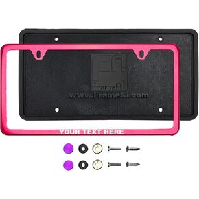 Silicone Back Guard Two Holes Slim License Plate Frame Candy Red Powder Coated Universal Fit Aluminum Screw On Cap Cover, T304 Stainless Steel, Rust Proof Weather Proof (Qty: 1 Frame)