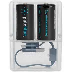 Rechargeable C Batteries with USB Charger by Pale Blue, Lithium Ion 1.5v 2800 mAh, Charges Under 3.5 Hours, Over 1000 Cycles, 2-in-1 USB to USB-C Charging Cable, LED Charge Indicator, 2-Pack