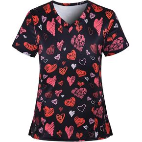 Valentines Day Scrub Tops Women Short Sleeve Vneck Love Heart Printed Nurse Working Uniforms Holiday Pocketed Tshirt