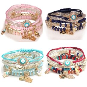 Bohemian Evil Eye Beaded Stretch Bracelet Multilayer Hamsa Hand Boho Adjsutable Bracelet Set Lucky Protection Bangles
