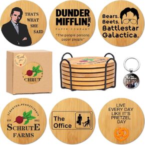 The Office Bamboo Wood Coasters Set of 6, The Office Merchandise, The Office Gifts for Fans, Office Dunder Mifflin Kitchen Decor, The Office TV Show Engraved Drinking Coaster with Holder