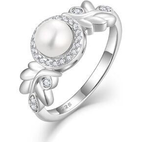 925 Sterling Silver Pearl Rings for Women,Freshwater Pearl Rings for Her Plated With 18K Withe Gold Cultured Pearl Rings Cubic Zirconia Rings for Women Gifts for Women Size 6 7 8 9
