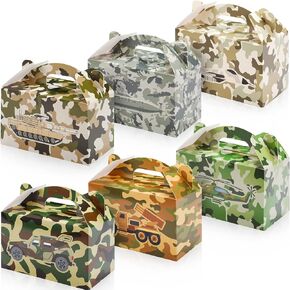 24 PCS Camo Party Favors Boxes Camouflage Army Goodie Paper Camouflage Treat Boxes with Handle Camo Birthday Party Supplies for Candy Cookie Wrapping, 6 x 3.5 x 3.5 Inch, 6 Designs