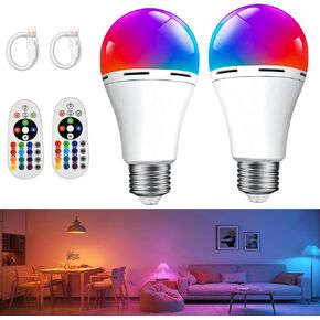 Rechargeable Battery Operated Light Bulb,E26 Dimmable Color Light Bulb with Remote Control,40W Equivalent,2500mAh,LED Puck Emergency Lamp,for Non-Hardwired(2-Pack)