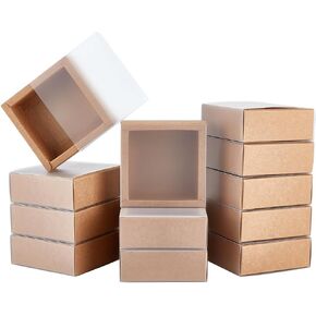 BENECREAT 16 Packs Kraft Paper Gift Boxes, Square Brown Drawer Boxes with PVC Windows Cover 3.8x3.8x1.45 for Party Favor Treats, Bakery, Jewelry, Proposal Gift Packaging