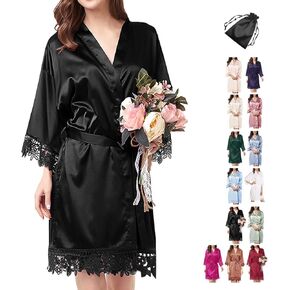 2Pcs Satin Robe Womens Silk Robes Lace Kimonos Bridal Silky Robes for Brides Bridesmaids Wedding Nightgown Bathrobe Sleepwear