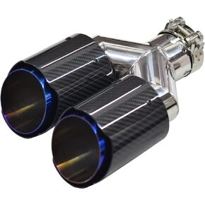 Carbon Fiber Exhaust Tip Dual Outlet Y-style Exhaust Muffler Tips 2.5 Inch(63mm) Inlet 3.5 Inch(89mm) Outlet Blue Burnt Stainless Steel Universal Tail End Tip Clamp On (Glossy Black)