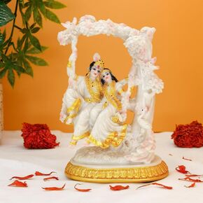 BangBangDa Radha Krishna Statue on Swing - Marble Color 6.7"H Polystone Indian Murti Krishna Idol for Valentine/Wedding/Birthday/Diwali for Indian Family Man Women Pooja Item