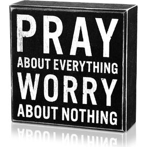 Jetec Pray About Everything Worry About Nothing - Living Room Wall Decor Farmhouse Christian Decor Wooden Religious Signs Scripture Desk Decor Black Christian Wooden Signs for Table Centerpieces