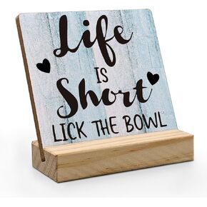 Funny Kitchen Decor, Life Is Short Lick The Bowl Sign Wood Plaque, Rustic Vintage Farmhouse Funny Quotes Wooden Plaque Kitchen Signs with Wood Stand for Home Office Dining Table Decor