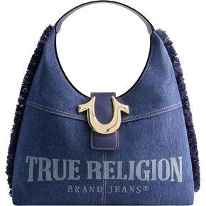 True Religion Women's Shoulder Bag Purse, Frayed Denim Medium Hobo Handbag with Horseshoe Logo