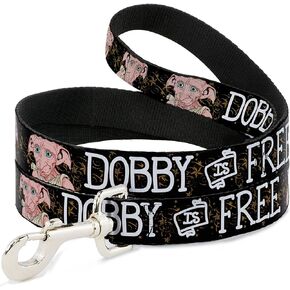Warner Bros. Pet Leash, Dog Leash, Dobby is Free 3 Dobby Poses Star Swirls Black Gold White, 6 Feet Long 1.5 Inch Wide