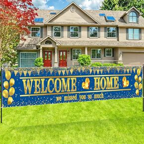 Welcome Home Banner Decoration Large Blue Gold Welcome Back Home Yard Sign We Missed You So Much Banner for Outdoor Family Reunion Military Homecoming Deployment Returning Party Supplies Friends Back