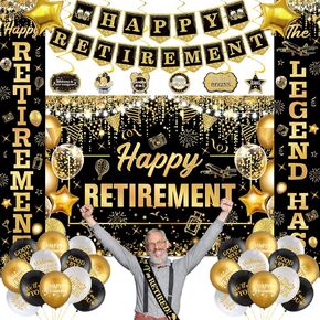 38PCS Black Gold Retirement Decorations for Men Women Black Gold Happy Retirement Banner Balloons Sash and Swirls The Legend Has Retired Porch Door Banner for Retirement Party Supplies