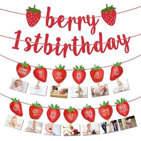 Strawberry 1st Birthday Decorations,Berry First Birthday Decor,Berry 1st Monthly Photo Banner,Berry First Birthday Banner for Girls Strawberry Sweet One Birthday Party Supplies,12 Months Photo Display