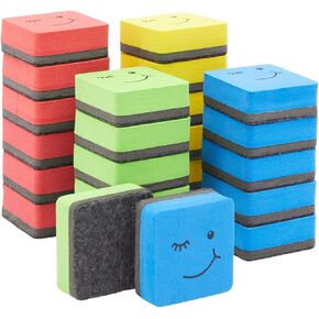 Juvale 24 Pack Magnetic Mini Dry Erase Board Erasers for Teachers, Classroom Whiteboard, School Supplies, Smiley Face (4 Colors, 2x0.7 in)