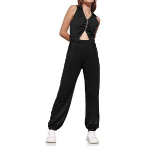 Tongmingyun Womens Summer Sleeveless Jumpsuit Casual Zipper V Neck Elastic Waist Ruched Long Pants Romper