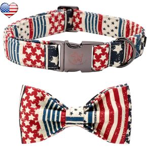 Elegant little tail Independence Dog Collar, American Flag Bowtie Dog Collars 4th of July American Pet Gift Adjustable Soft Puppy Collar for Large Dogs