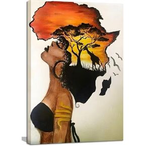 Framed African American Wall Art Homesick African Woman Posters Canvas Painting Black Girl Abstract African Sunset Landscape Wall Decor Picture Prints Art for Living Room Bedroom Home Decoration