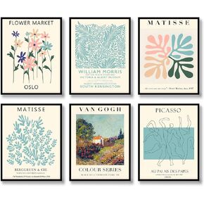 Retro Wall Art Prints Set of 6 Vintage Positive Posters Famous Abstract Illustration Wall Decor Exhibition Aesthetic Flower Market Picture Matisse Inspiring Photo Canvas Art Painting for Corridor