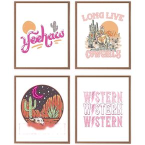 VNWEK Western Wall Decor,Western Room Decor,Cowgirl Decor,Pink Preppy Yee Haw Western Cowgirl Room Decor For Teen Girls,Girls Dorm Decor Wall Art Poster Prints Unframed 8X10Inch Set Of 4 (8X10Inch)