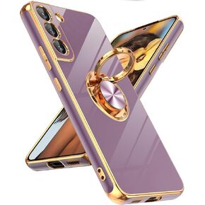 LeYi for Samsung Galaxy S22 Ultra Case: 360° Rotatable Ring Holder Magnetic Kickstand, Plating Rose Gold Edge Protective Samsung Galaxy S22 Ultra Case, Purple