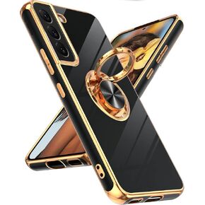 LeYi for Samsung Galaxy S22 Ultra Case: 360° Rotatable Ring Holder Magnetic Kickstand, Plating Rose Gold Edge Protective Samsung Galaxy S22 Ultra Case, Purple