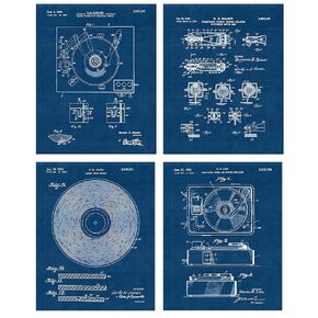 Vintage Vinyl Record Player Patent Prints, 4 (8x10) Unframed Photos, Wall Art Decor Gifts Under 20 for Home Office Studio Garage Man Cave College School Student Teacher Coach DJ Rock Roll Music Fans